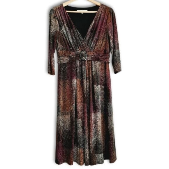 EVAN PICONE | Midi Length Surplice V-Neck Soft Stretchy Dress Abstract Print  10 - Picture 2 of 14